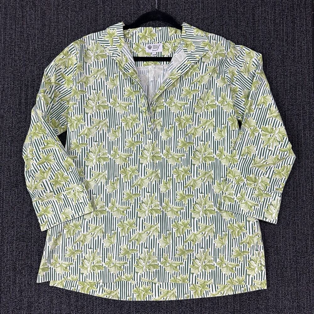 Holly Shae Green White Floral & Stripe Tunic Top Size XS/M Resort Summer Top